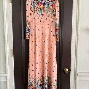Elegant Modest Floral Long Sleeve Dress - Peach